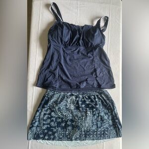 Navy Ribbed Tankini Top with Paisley Swim Skirt